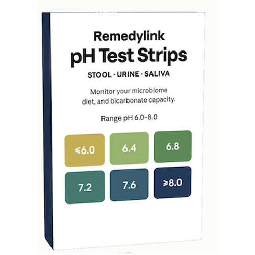 Remedylink pH Test Strips for stool, urine, and saliva monitoring with a pH range of 6.0 to 8.0.