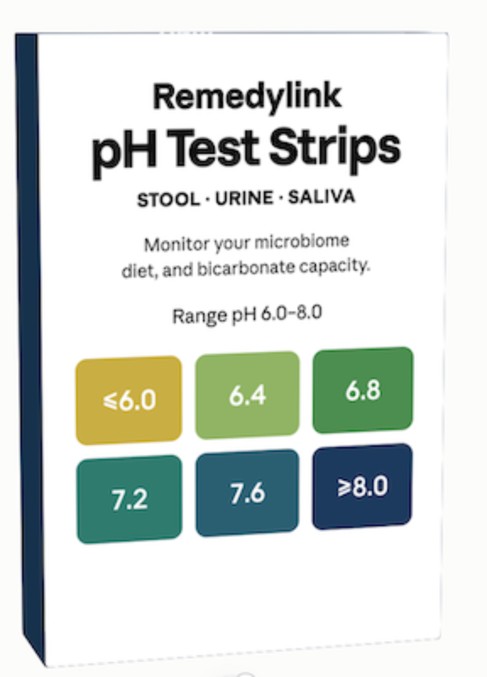 A box of Remedylink pH Test Strips shown on a plain white background. The packaging is white with a dark blue spine and features text listing stool, urine, and saliva testing, plus six colored pH range tiles from yellow-gold to dark blue.
