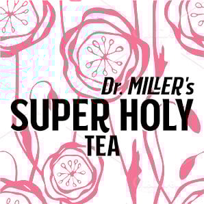 Dr. Miller's Super Holy Tea packaging featuring a floral design promoting Natural Colon and Liver Detox.
