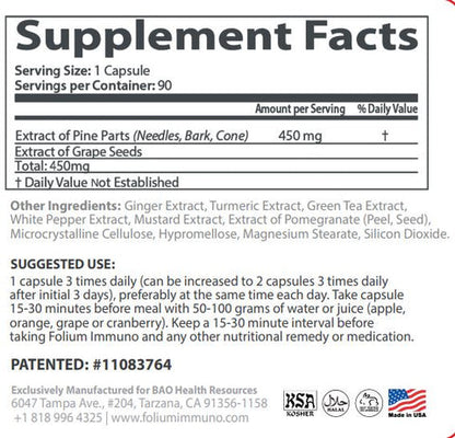 Supplement facts for Immuno Super Antioxidant and Heavy Metal Detox with key ingredients and serving details.