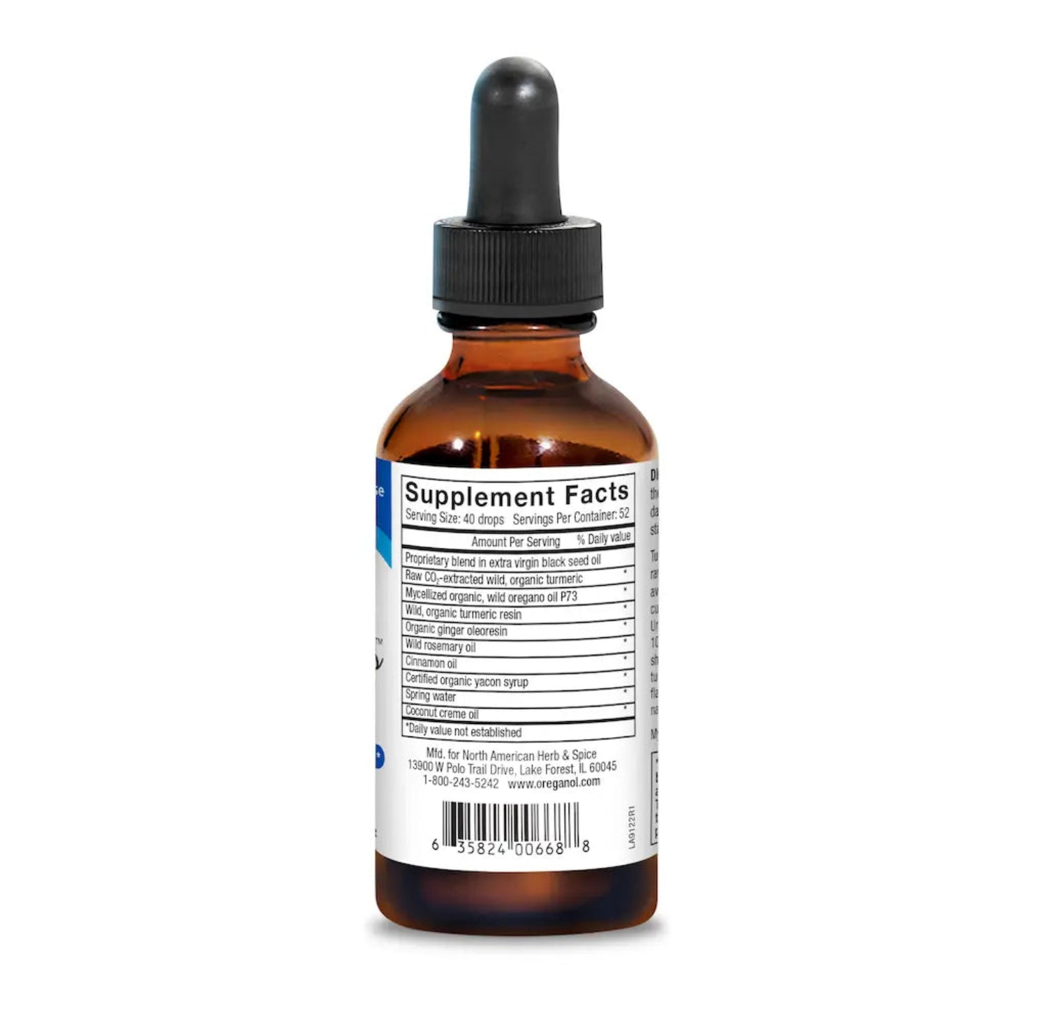 Brown glass bottle with dropper labeled 'Supplement Facts' on a white background