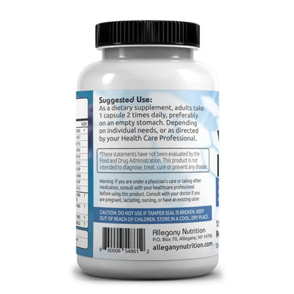 Supplement bottle label with text and branding on a white background