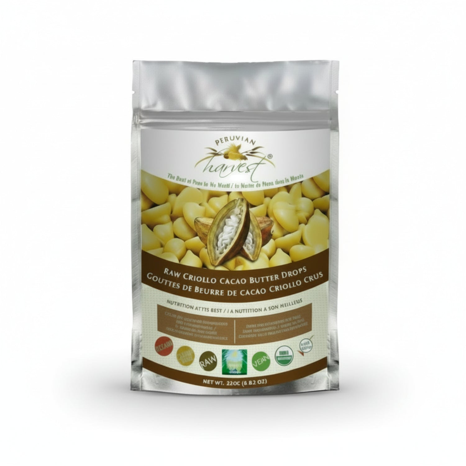 Package of Peruvian Harvest Raw Criollo Cacao Butter Drops on a white background