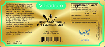 Vanadium dietary supplement label by CR Supplements, featuring supplement facts and usage instructions.