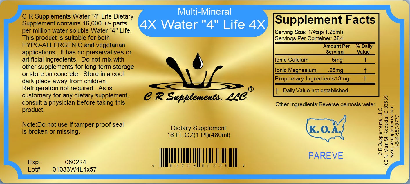 Water 4 Life Ionic Liquid Trace Minerals supplement facts label with multi-mineral information and usage instructions.