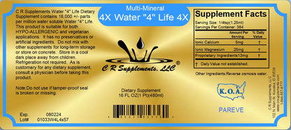 Water 4 Life Ionic Liquid Trace Minerals supplement facts label with multi-mineral information and usage instructions.