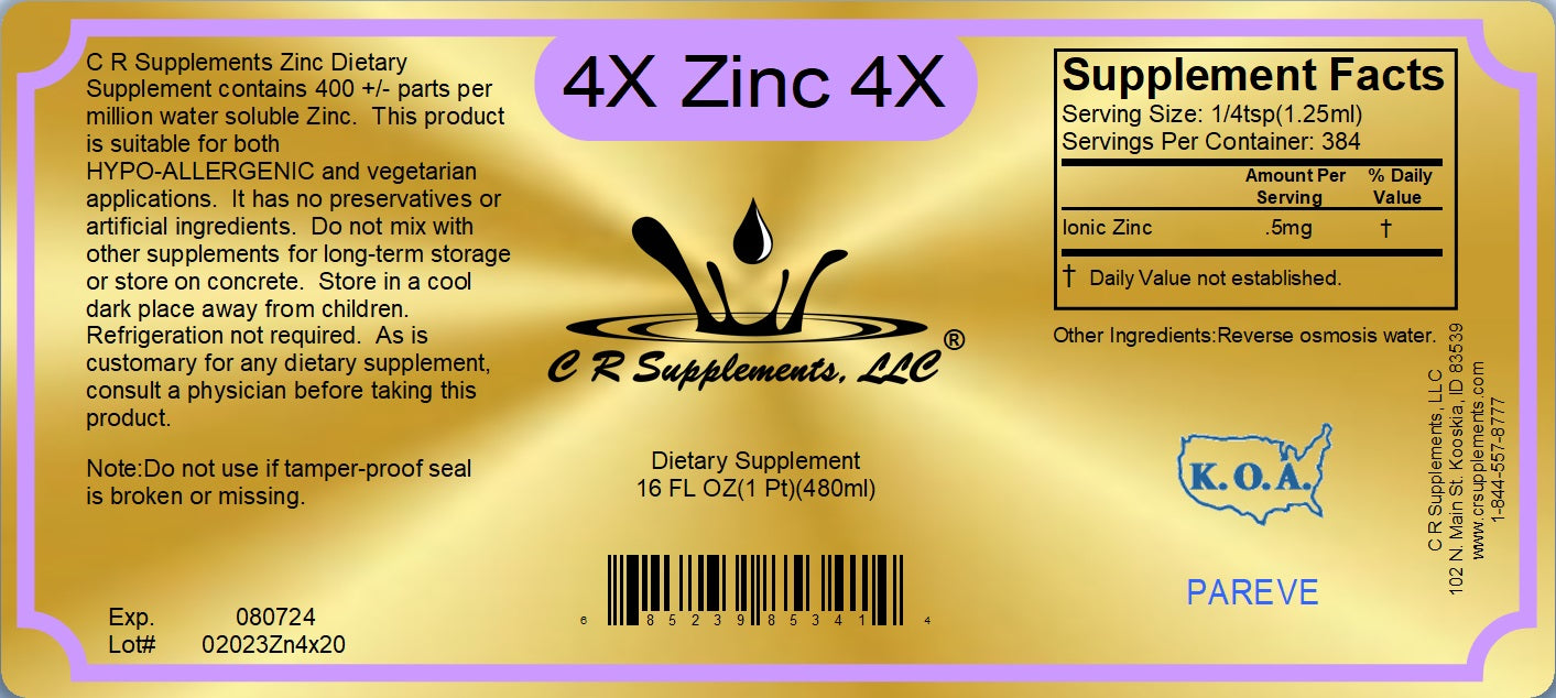 Label of CR Supplements Zinc Ionic Liquid Mineral supplement, showing supplement facts and usage instructions.